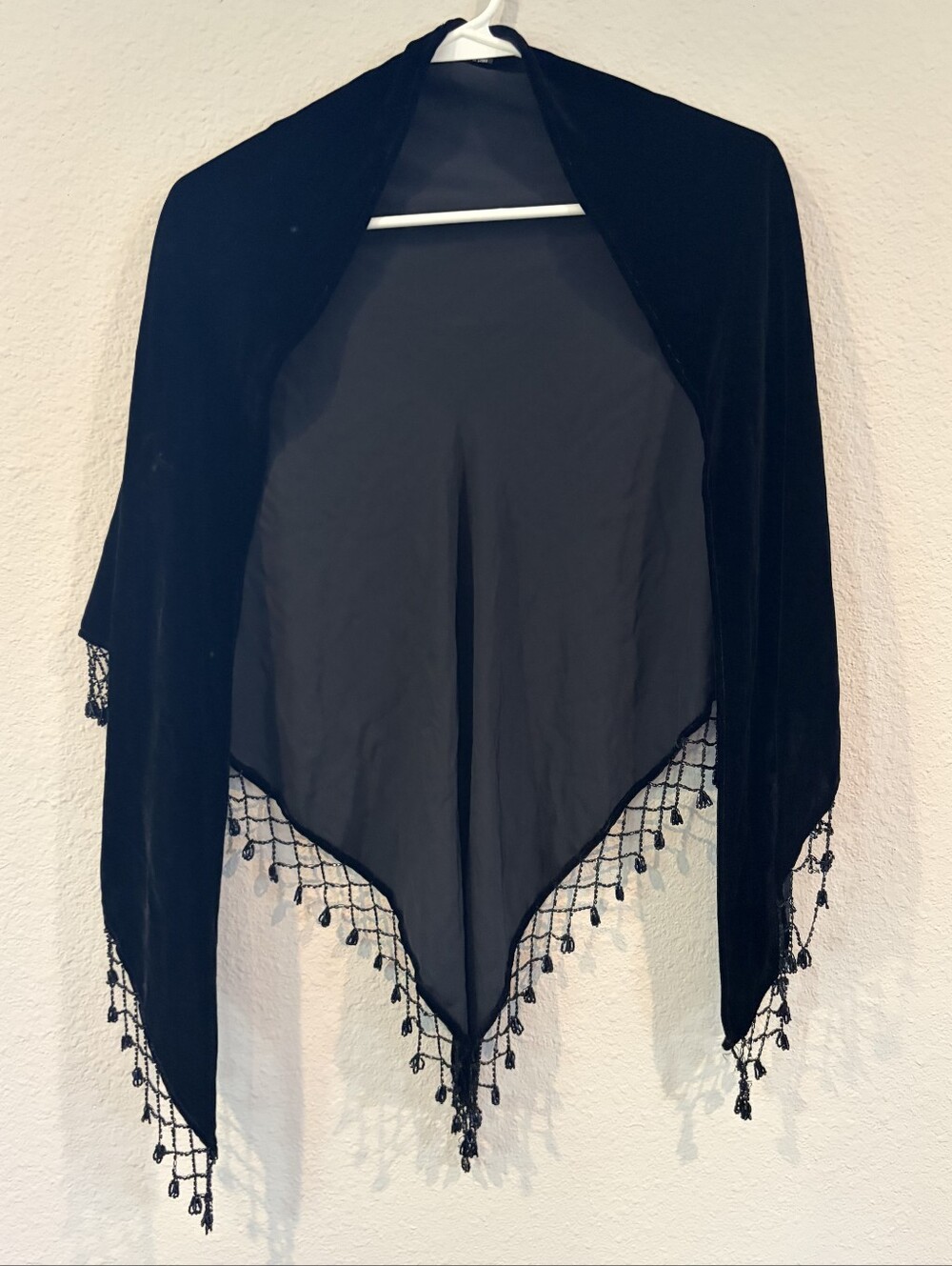 Vintage Classic Black Velour Beaded Trim Shawl Wrap Formal Rayon Silk Blend OSFM